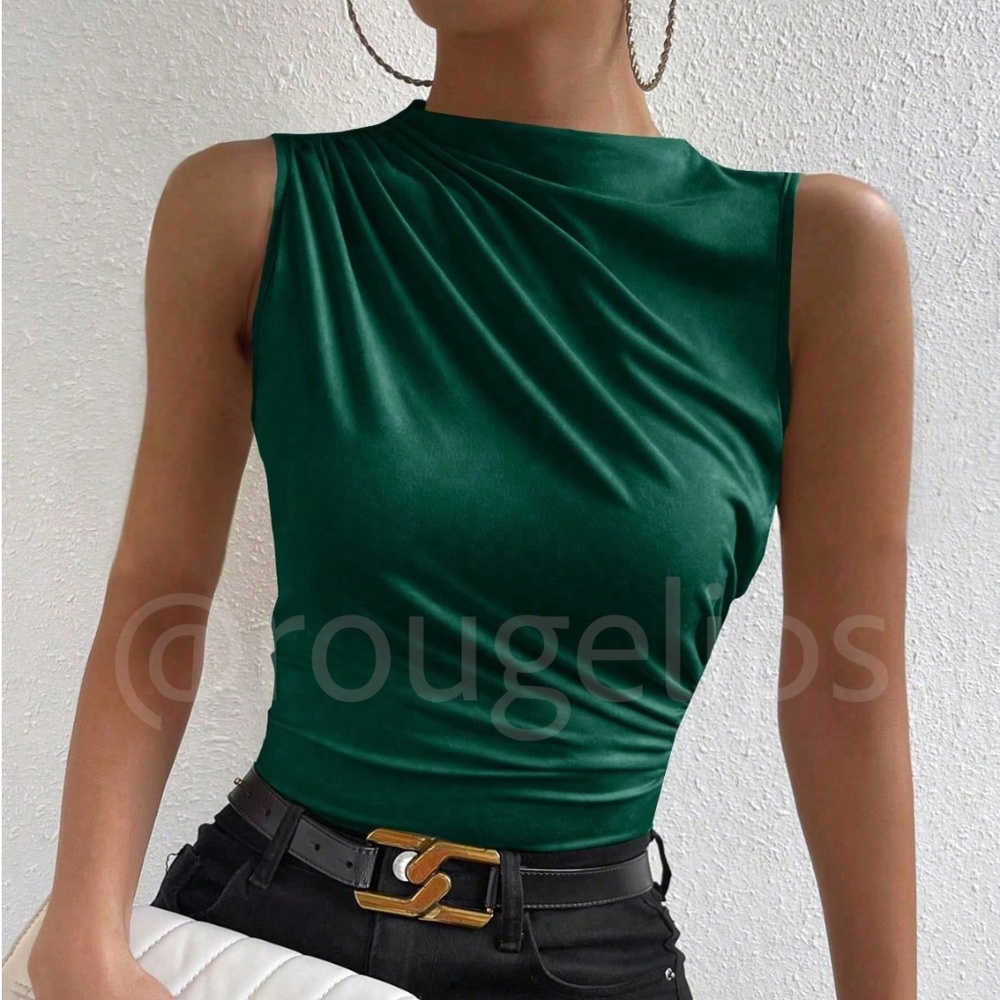 Ruched Green Asymmetrical Sleeveless Shirt Top Stretchy